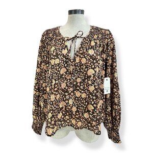 BILLABONG Blouse Sz S Peasant Long Sleeve Black Orange Floral VNeck Tie Top Boho